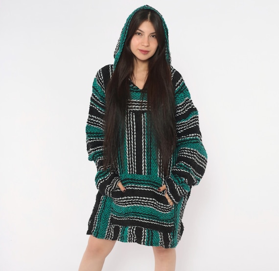 90s Baja Hoodie Black Teal Stripe Drug Rug Mexican Kangaroo Pocket V Neck Long Sleeve Surf Skate Grunge Hippie Stoner Unisex Extra Large XL