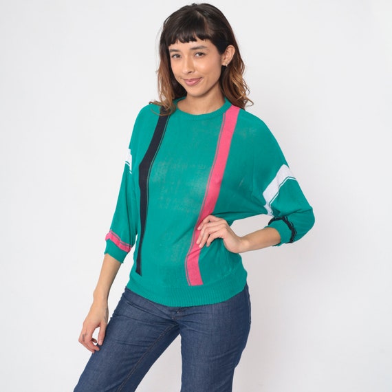 Teal Green Striped Sweater 80s Semi-Sheer Knit Pullover Sweater Retro Dolman Sleeve Eightes Pink Black White Acrylic Vintage 1980s Small S