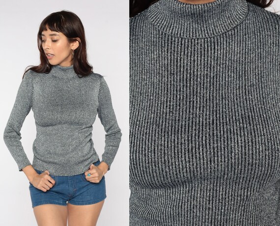 ShopExile 70s Metallic Sweater Silver Turtleneck Sweater 70s Sparkly Holiday Sweater Pullover Disco Glam 1970s Party Vintage Ribbed Small Medium