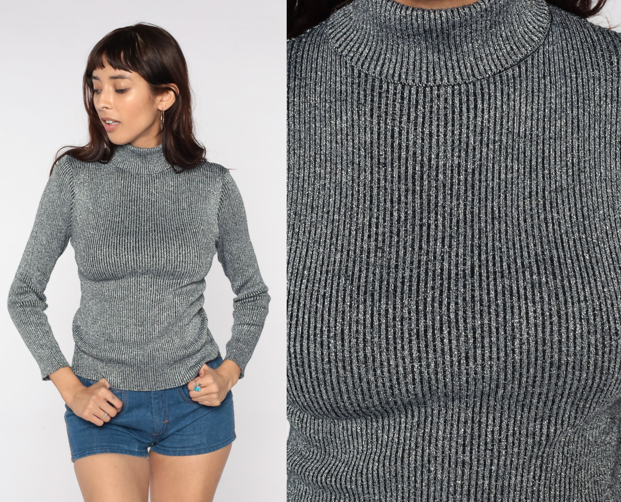 70s Metallic Sweater Silver Turtleneck Sweater 70s Sparkly Holiday Sweater Pullover Disco Glam 1970s Party Vintage Ribbed Small Medium