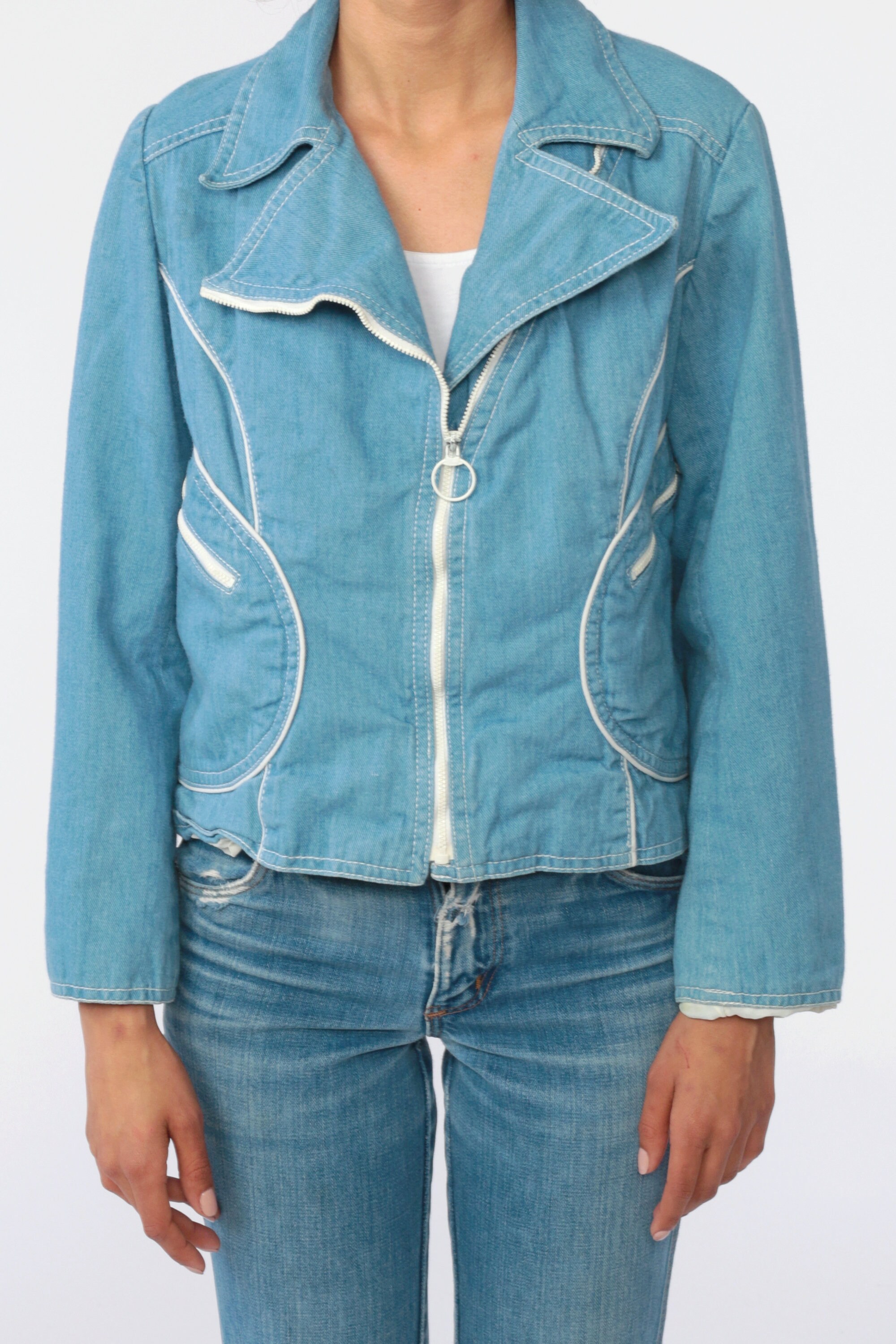 70s Denim Jacket Zip Up Jacket 70s Light Blue Cotton Jean Jacket Boho Blue Hippie Collared White 