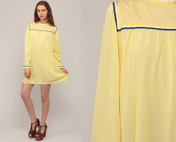 70s Nightgown Lingerie Slip Dress Yellow Pajamas Lingerie BELL SLEEVE Mini Nightie Boho Tent Lounge Dress Vintage Night Gown Large