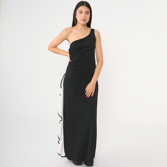 Y2K Black One Shoulder Dress White Ruffled Party Maxi Gown Vintage 2000s Cocktail Dress Bodycon Column Going Out Evening Asymmetrical Small