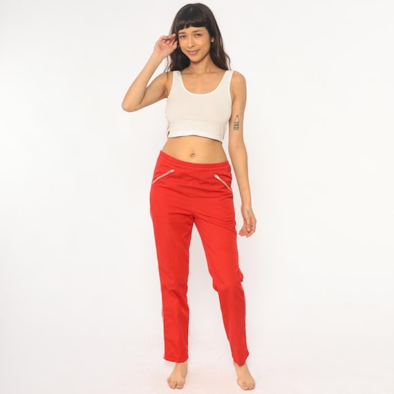 80s Track Pants Red Athletic Joggers Zipper Pockets Side Stripe White Coral Vintage Sportswear Tapered Ankle Running Workout Casual Small S