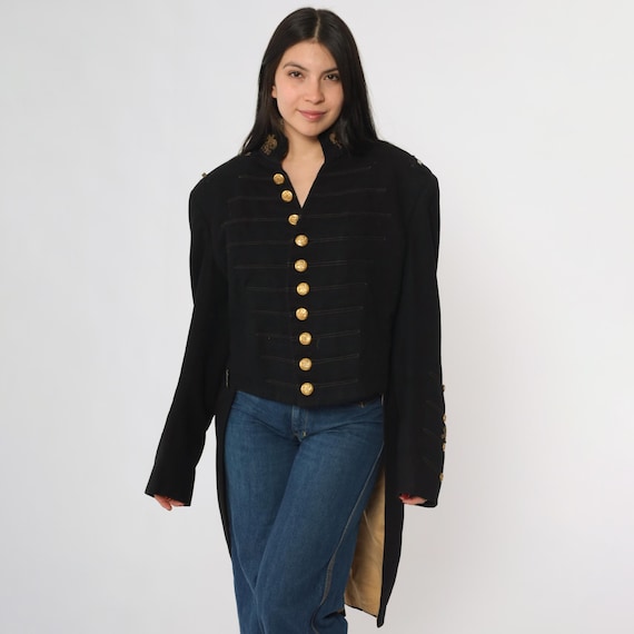 60s Military Jacket Black Wool Gold Buttons Embroidered Long Sleeve Band Uniform Officer Coat Victorian Formal Ceremonial Medium Large