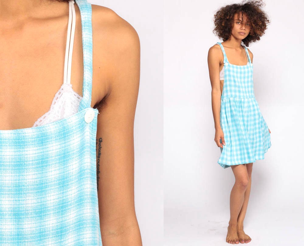 90s Jumper Dress Blue Plaid Dress Mini 