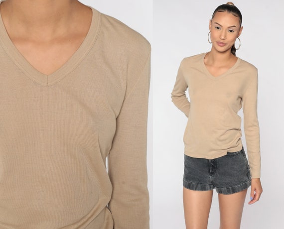 Plain Tan Shirt Long Sleeve TShirt 80s T Shirt Acrylic Knit Top 1980s V Neck SHirt Retro Tee Vintage Normcore Medium