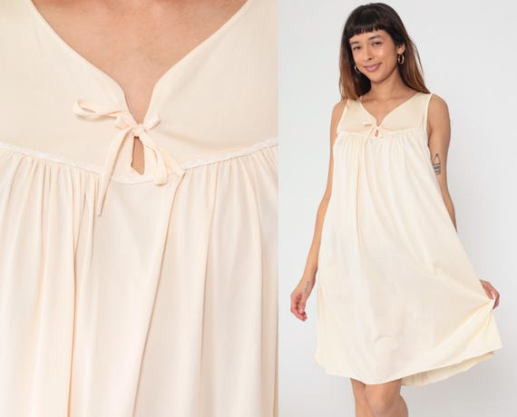 70s Peach Nightgown Lingerie Slip Dress Bow Neck Midi Nightie Sleeveless Tent Trapeze Sleep Lounge Pinup Nylon 1970s Vintage Medium