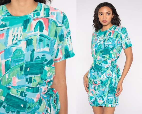 Tropical Wrap Dress 80s 90s Mini Dress Novelty Print City Pattern Blue Boho Sundress Pinup 90s Vintage Retro Summer Short Sleeve Medium M 10