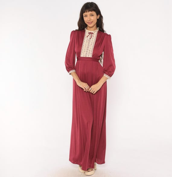 70s Burgundy Lace Bib Maxi Dress Puff Sleeve Wine Victorian Prairie High Neck Ribbon Bow Cream Trim Cranberry Gown Vintage Extra Small XS