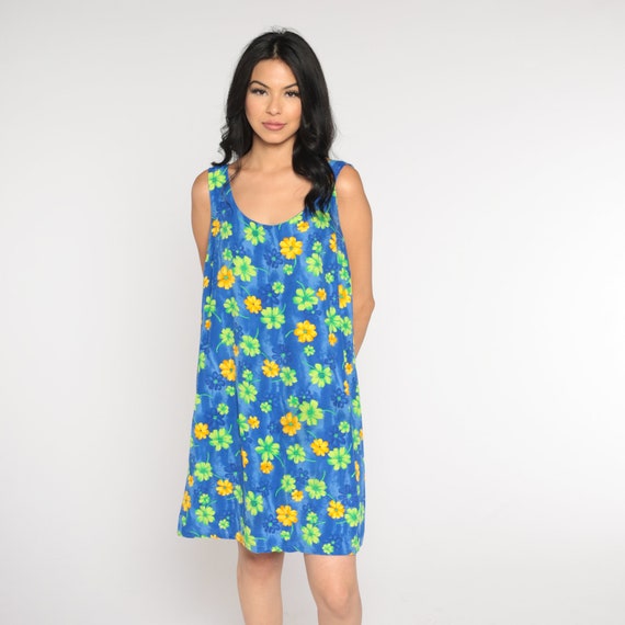 Blue Floral Dress 90s Mini Dress Retro Flower Daisy Print Summer Sundress Boho Flowy Shift Sleeveless Scoop Neck Vintage 1990s Medium Large