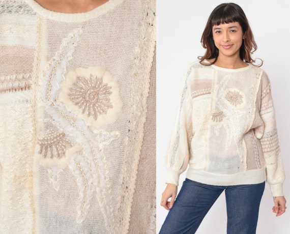 Beaded Floral Sweater 90s Mixed Media Pullover Kn… - image 1