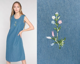 Floral Denim Dress Y2k Jean Jumper Midi Dress Grunge Embroidered Flower Overall Dress Blue Retro Casual Sleeveless Vintage 00s Small Medium