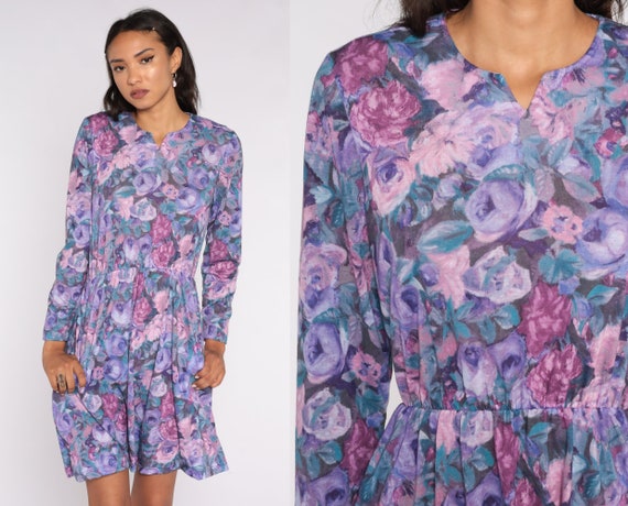 80s Floral Dress Purple Mini Dress Pink V Neck Romantic Vintage Secretary Casual Dress 1980s High Waisted Bohemian Long Sleeve Small S