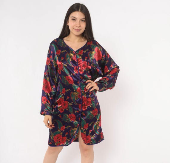 Floral Paisley Nightshirt 90s Satin Button Front Sleep Dress Purple Red Teal V Neck Long Sleeve Loungewear Violet Knee Length Vintage Small