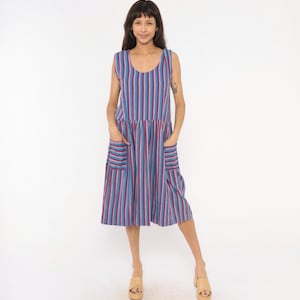 90s Striped Sundress Purple Cobalt Blue Cotton Sleeveless Scoop Neck Drop Waist Gathered Skirt Patch Pocket Woven Midi Dress Vintage Small S