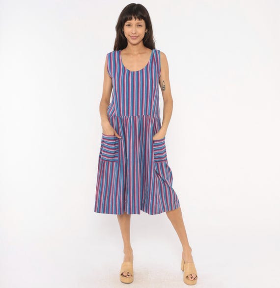 90s Striped Sundress Purple Cobalt Blue Cotton Sleeveless Scoop Neck Drop Waist Gathered Skirt Patch Pocket Woven Midi Dress Vintage Small S