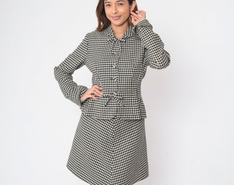 90er Jahre Hahnentritt Rock Anzug Zweiteiler Mit Jacke Schwarz Weiß Kariertes Sakko Mini A-Linie Outfit Button Up Vintage 1990s Small Medium