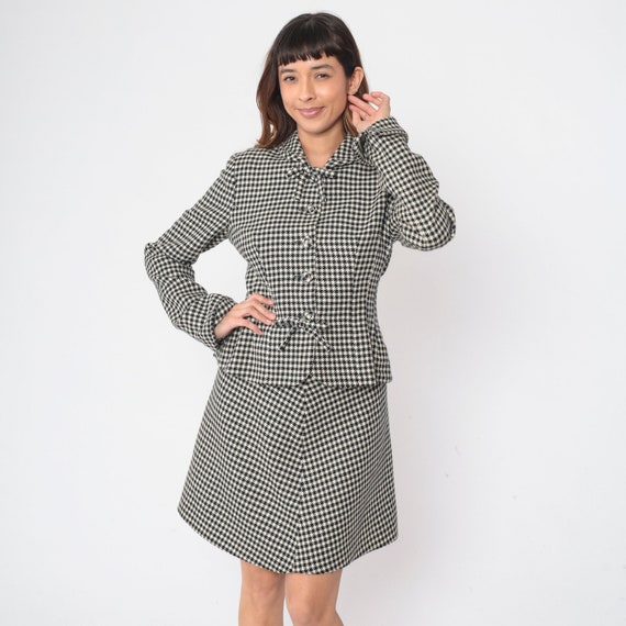 90s Houndtooth Skirt Suit Two Piece Set With Jacket Black White Checkered Blazer Mini A-Line Outfit Button Up Vintage 1990s Small Medium