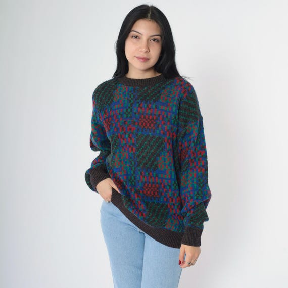 Vintage Abstract Sweater 80s Flecked Checkered Knit Retro Statement Crewneck Pullover Jacquard Green Red Blue 1980s Acrylic Medium M