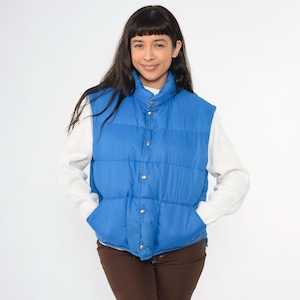 Vintage 80s Down Puffer Vest Blue Ski Vest Puffy Sleeveless Jacket Snap Up Skiwear Retro Winter 1980s Polar Gear Vest Medium