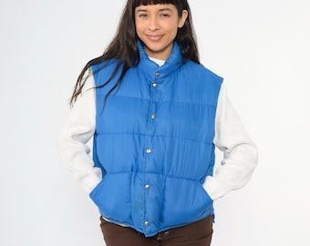 Vintage 80s Down Puffer Vest Blue Ski Vest Puffy Sleeveless Jacket Snap Up Skiwear Retro Winter 1980s Polar Gear Vest Medium