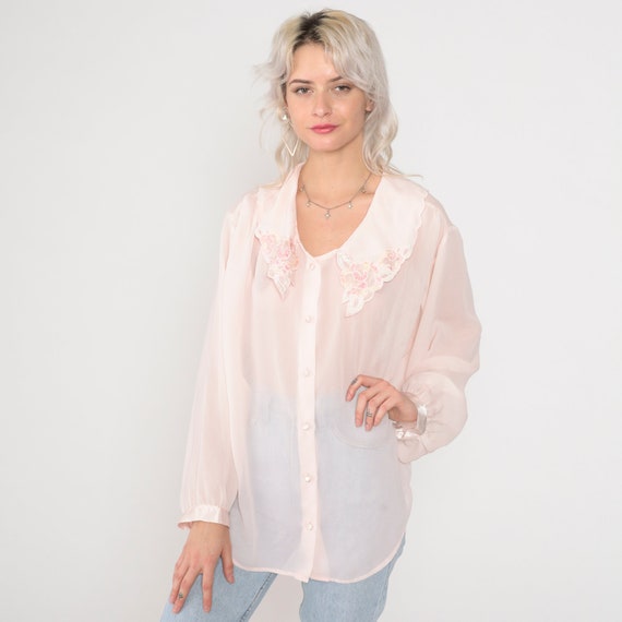 Pink Collared Blouse 80s 90s Semi-Sheer Button up Shirt Beaded Scalloped Floral Granny Collar Top Long Sleeve Darling Vintage 1990s XL