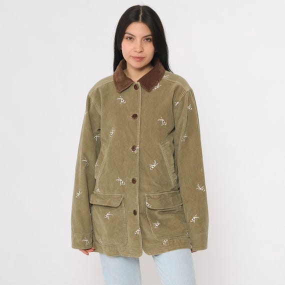 LL Bean Corduroy Chore Coat Olive Embroidered Hunting Dog Work Wear Barn Jacket Button Up Workwear Field Coat Women's Medium Reg