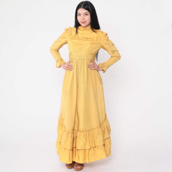 70s Prairie Dress Yellow Bib Victorian Maxi Boho Romantic Long Puff Sleeve 1970s Bohemian Cottagecore Emma Domb Prom Hippie Extra Small xs