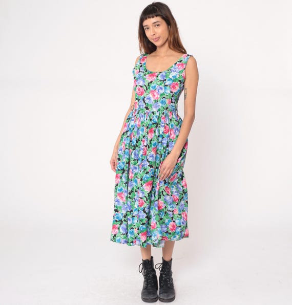 Floral Summer Dress 90s Sleeveless Blue Pink Rose Print Fit Flare A Line Garden Party Romantic Green Vintage Watercolor Sundress Small S