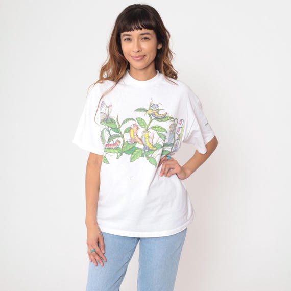 90s Butterfly Caterpillar Shirt White Nature Insect Graphic Double Sided Chrysalis Bug Print Wildlife Garden Novelty Top Large L