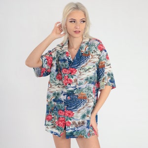 Hawaiian Islands Shirt Y2k Tropical Button Up Palm Tree Blue Sailboat Print Floral Surfer Tourist Short Sleeve Vintage 00s Extra Large xl
