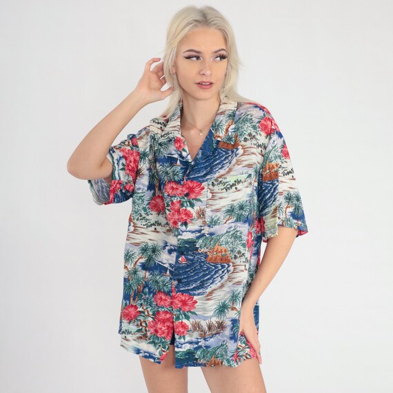 Hawaiian Islands Shirt Y2k Tropical Button Up Palm Tree Blue Sailboat Print Floral Surfer Tourist Short Sleeve Vintage 00s Extra Large xl