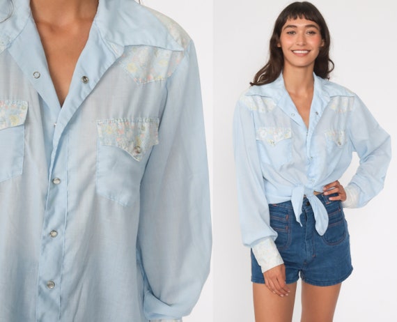 Pastel Western Shirt 70s Floral Shirt Baby Blue To