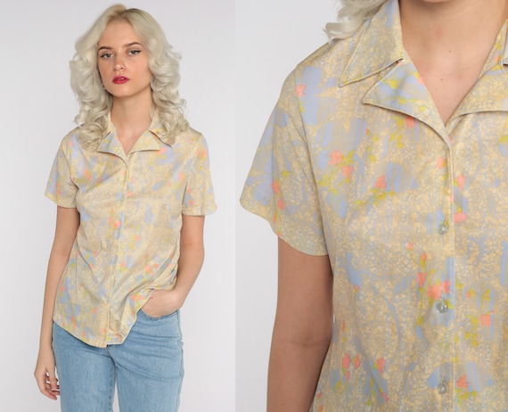 70s Shirt Abstract Floral Print Blouse Boho Top H… - image 1