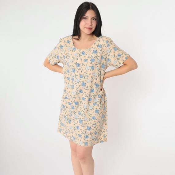 Vintage Floral Mini Dress 90s Linen Cotton Blend Pocket Dress 1990s Cream Blue Shift Short Sleeve Retro Summer MiniDress Small