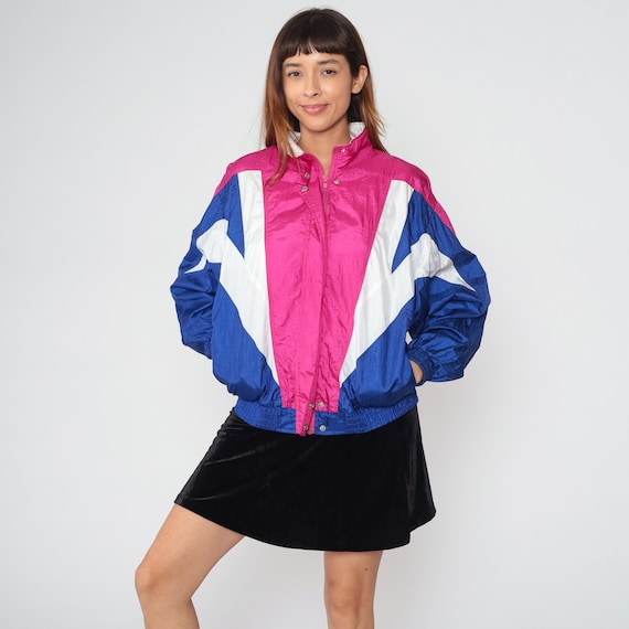Color Block Windbreaker 90s Shiny Jacket Retro Hot Pink White Blue Striped Color Block Shell Zip Up Nylon Track Jacket Vintage 1990s Large