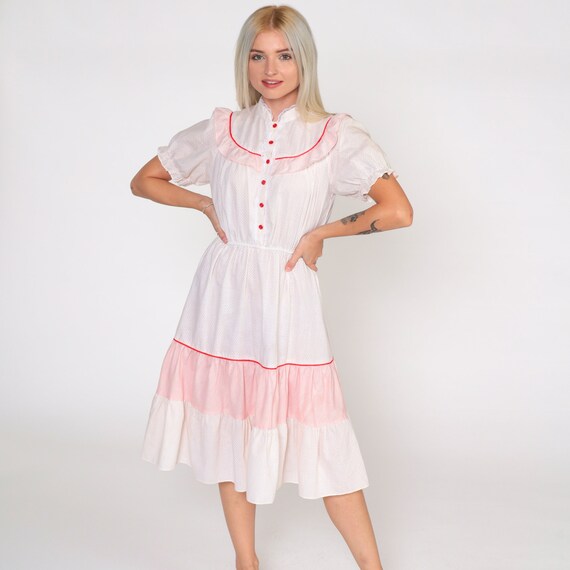 70s Prairie Dress White Polka Dot Cottagecore Dress Puff Sleeve Ruffled Bib High Waisted Boho Hippie Button up Red Midi Vintage 1970s Small