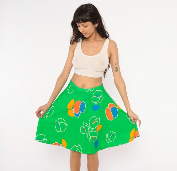 70s Psychedelic Print Skirt Green Orange Blue A Line Flared Abstract Floral Pattern Colorful Funky Mod Whimsical Novelty Vintage Medium M