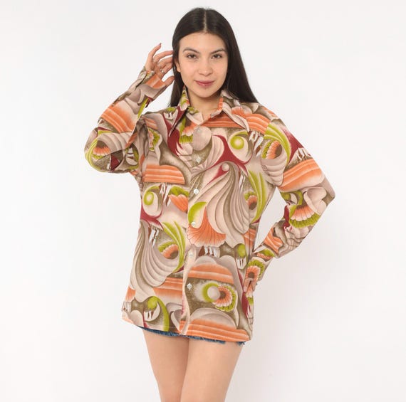 70s Psychedelic Shirt Swirl Button Front Pointed Collar Long Sleeve Olive Burgundy Mushroom Art Nouveau Funky Disco Vintage Top Medium M