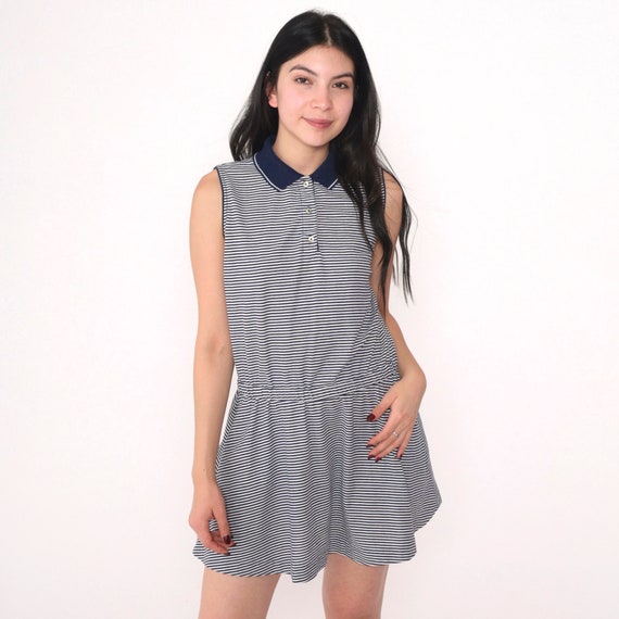 Striped Mini Dress 80s Tail Scooter Dress Blue White Sleeveless Button up Collared Tank Dress Low Drop Waist Preppy Day Vintage 1980s Small