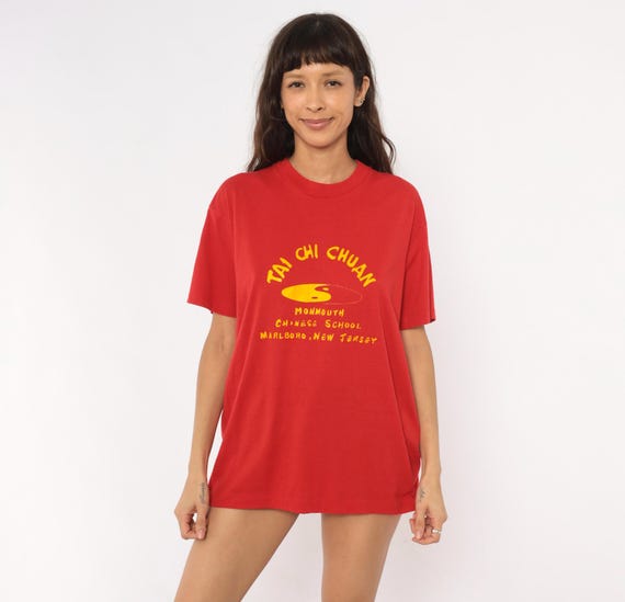 Tai Chi Chuan Tee 90s Graphic Shirt Screen Stars Yin Yang Print Red Yellow Martial Arts Cotton Blend Relaxed Fit Vintage Top Extra Large XL