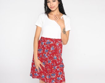 Floral Dress 90s Mini Dress Flower Print Red White Short Sleeve Short Sleeve High Waisted Vintage Retro Bobbie Brooks Small