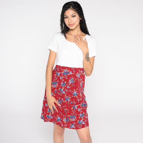 Floral Dress 90s Mini Dress Flower Print Red White Short Sleeve Short Sleeve High Waisted Vintage Retro Bobbie Brooks Small