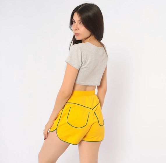 80s Yellow Running Shorts Green Piped Trim High Waist Athletic Gym Track Academic Surf Tennis Summer Beach Hot Pants Extra Small XS