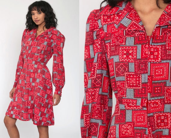 70s Mini Dress Bandana Print Dress 60s Mod Red CHERRY BUTTON Hanky Scarf Dress High Waist Boho Vintage Puff Sleeve 1970s Minidress Medium
