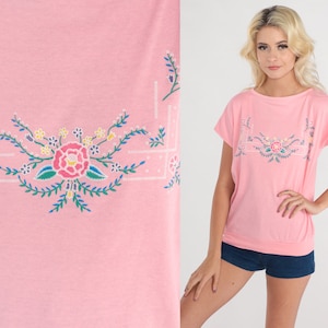 Pink Floral Top 80s Slouchy T-Shirt Flower Print Graphic Tee Retro Cap Sleeve Shirt Banded Hem Summer Blouse Casual Vintage 1980s Medium M