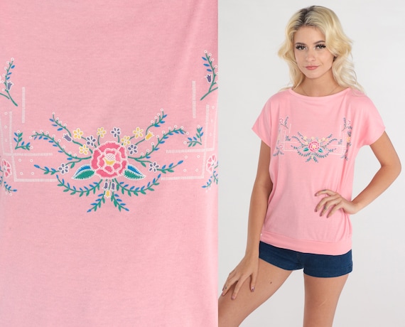 Pink Floral Top 80s Slouchy T-Shirt Flower Print Graphic Tee Retro Cap Sleeve Shirt Banded Hem Summer Blouse Casual Vintage 1980s Medium M