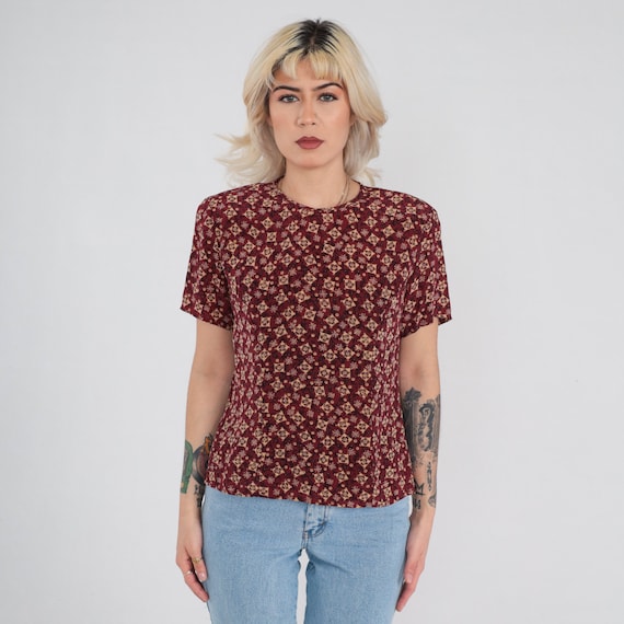 Vintage 90s Silk Shirt Dark Red Tile Print Blouse Bohemian Short Sleeve Top Retro Boho Casual Geometric Pattern T-Shirt 1990s Small S 6