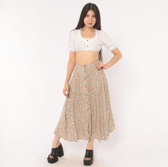 90s Grunge Floral Maxi Skirt Tan A Line Elastic Waist Prairie Cottagecore Beige Flower Flowing Neutral Earth Tone Hippie Vintage Medium M